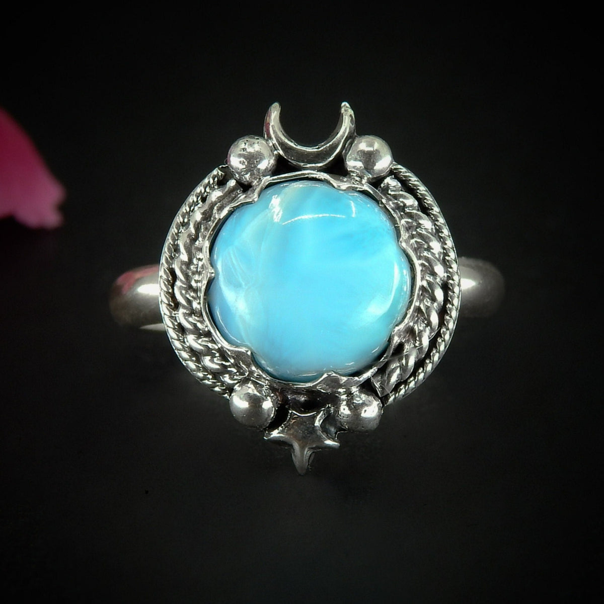 Larimar Ring - Size 9 to 9 1/4 - Sterling Silver - Blue Larimar Ring - Round Larimar Ring - Larimar Jewelry - Handcrafted Larimar Moon Ring