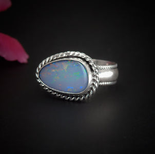 Australian Opal Ring - Size 7 1/2 - Sterling Silver - Lightning Ridge Opal Ring - Rainbow Opal Jewelry - Blue Opal OOAK - Thick Band