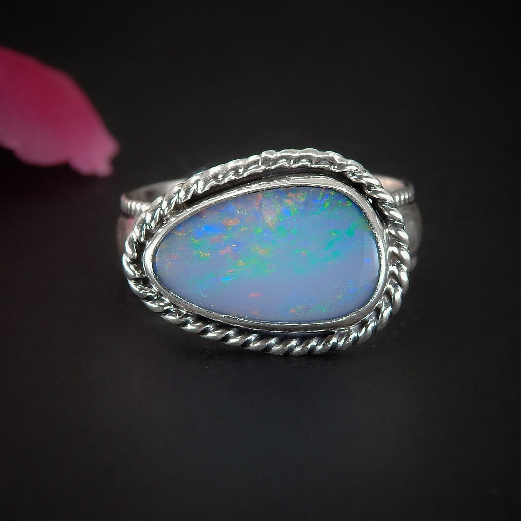 Australian Opal Ring - Size 7 1/2 - Sterling Silver - Lightning Ridge Opal Ring - Rainbow Opal Jewelry - Blue Opal OOAK - Thick Band