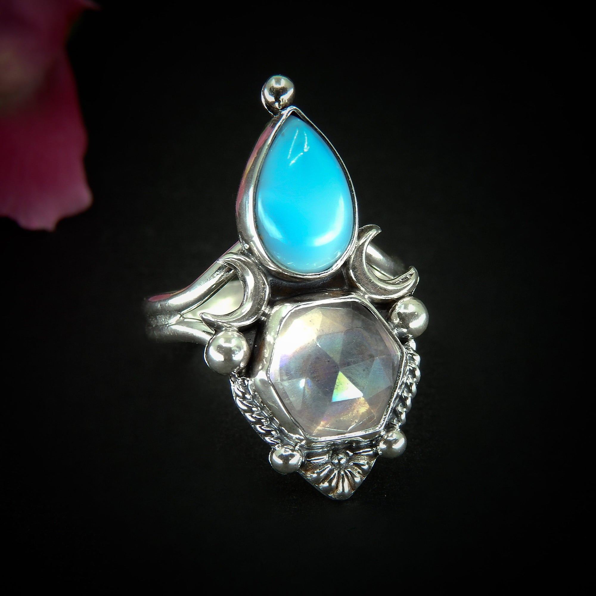 Larimar & Angel Aura Quartz Ring - Size 9 - Sterling Silver - Larimar Ring - Rainbow Crystal Jewelry - Crescent Moon Statement Ring OOAK