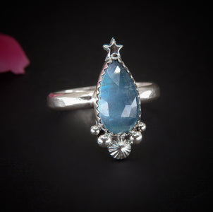 Rose Cut Aquamarine Ring - Size 10 - Sterling Silver - Aquamarine Jewellery - Blue Aquamarine Star Ring - Unique Aquamarine Statement Ring