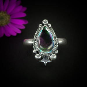 Angel Aura Quartz Ring - Size 7 3/4 - Sterling Silver - Angel Aura Quartz Star Ring - Teardrop Aura Quartz Jewellery Ring - Rainbow Crystal