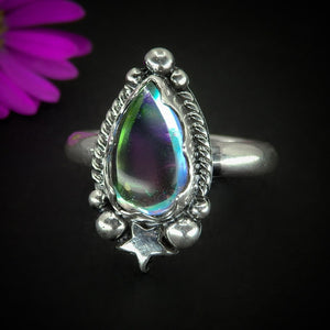 Angel Aura Quartz Ring - Size 7 3/4 - Sterling Silver - Angel Aura Quartz Star Ring - Teardrop Aura Quartz Jewellery Ring - Rainbow Crystal