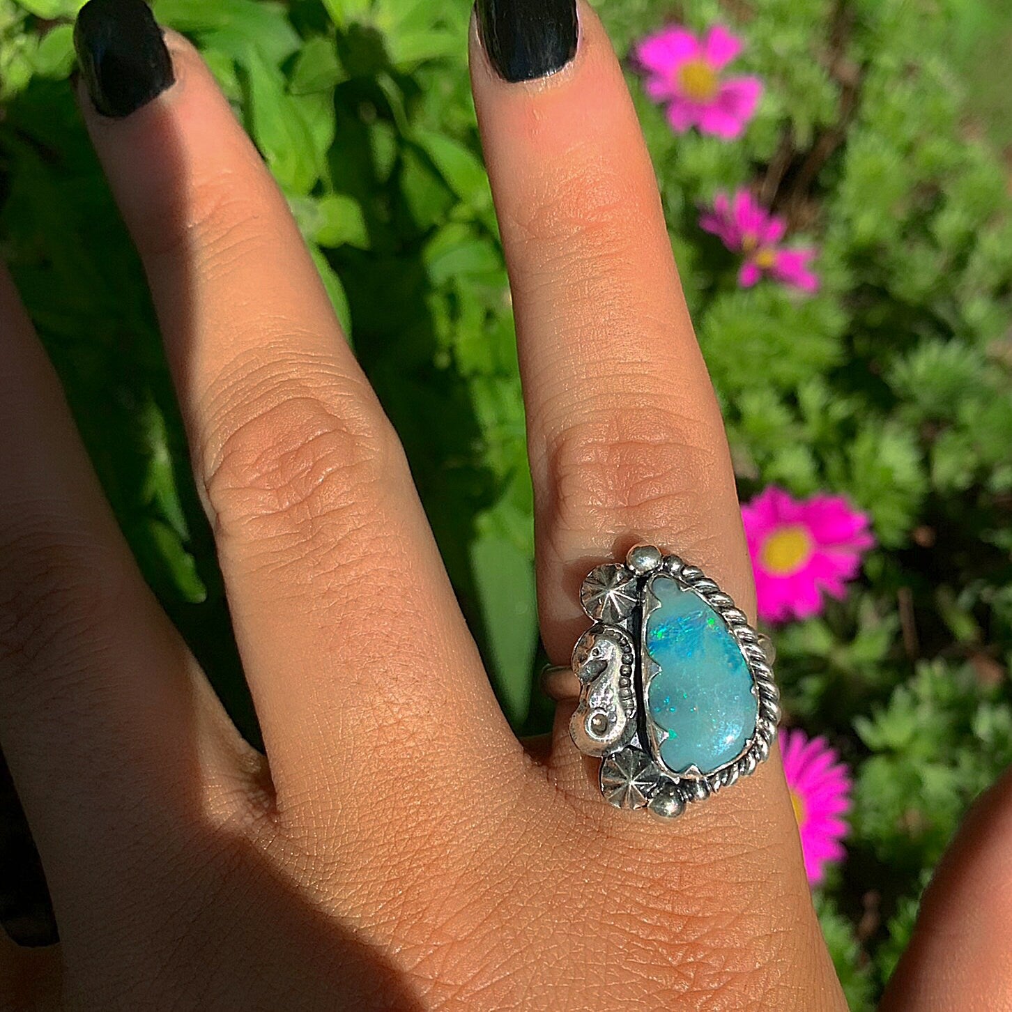 Australian Opal Ring - Size 8 1/2 - Sterling Silver - Lightning Ridge Opal Ring, -Blue Australian Opal Seahorse Ring - Ocean Jewellery OOAK