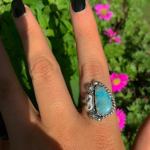 Australian Opal Ring - Size 8 1/2 - Sterling Silver - Lightning Ridge Opal Ring, -Blue Australian Opal Seahorse Ring - Ocean Jewellery OOAK