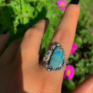 Australian Opal Ring - Size 8 1/2 - Sterling Silver - Lightning Ridge Opal Ring, -Blue Australian Opal Seahorse Ring - Ocean Jewellery OOAK