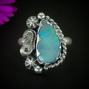 Australian Opal Ring - Size 8 1/2 - Sterling Silver - Lightning Ridge Opal Ring, -Blue Australian Opal Seahorse Ring - Ocean Jewellery OOAK