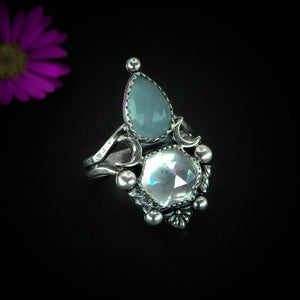 Rose Cut Aquamarine & Angel Aura Quartz Ring - Size 10 1/2 - Sterling Silver - Aquamarine Ring - Rainbow Crystal Jewelry, Crescent Moon Ring