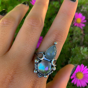 Rose Cut Aquamarine & Angel Aura Quartz Ring - Size 10 1/2 - Sterling Silver - Aquamarine Ring - Rainbow Crystal Jewelry, Crescent Moon Ring