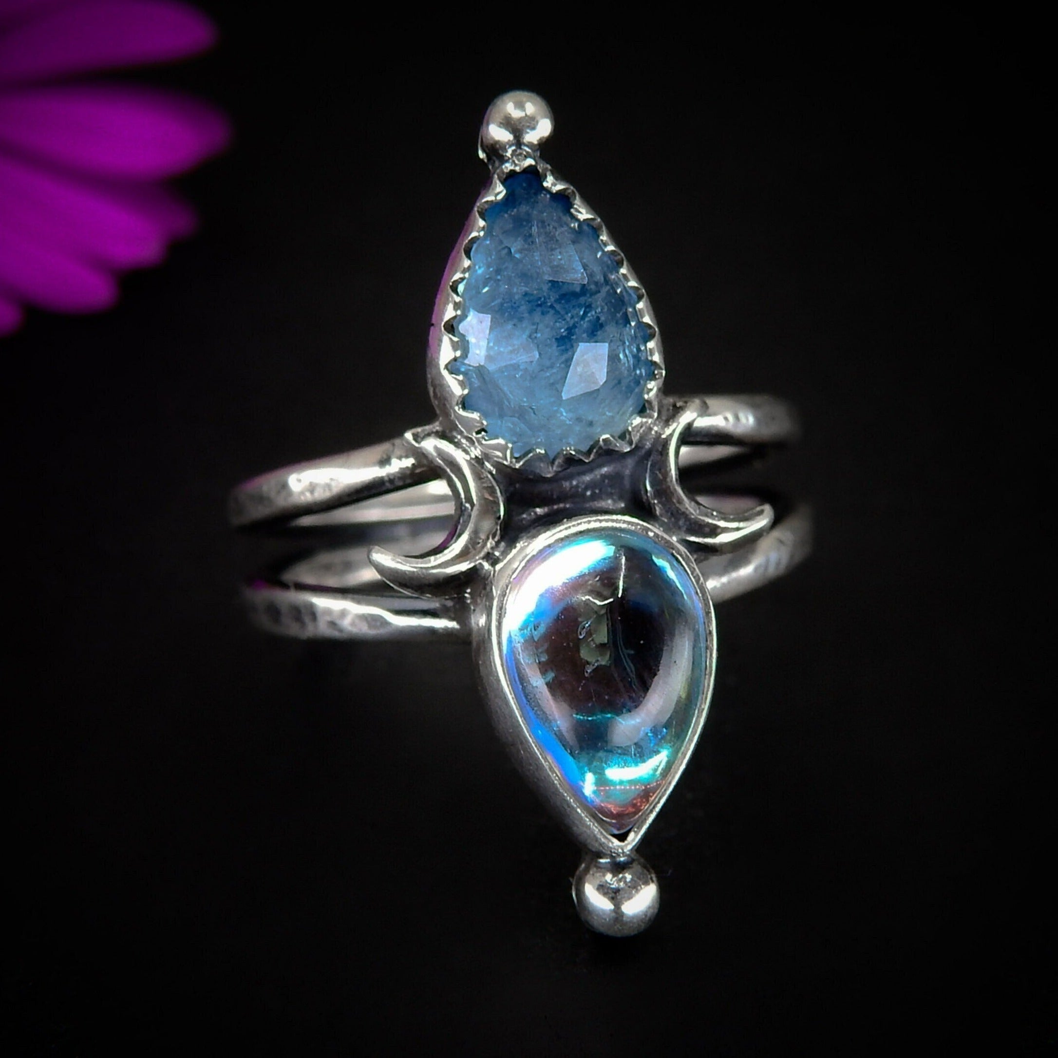 Rose Cut Aquamarine & Angel Aura Quartz Ring - Size 5 to 5 1/4 - Sterling Silver - Aquamarine Ring - Rainbow Crystal Jewelry - Moon Ring