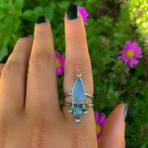 Australian Opal & Moonstone Ring - Size 7 to 7 1/4 - Sterling Silver - Aquamarine Ring - Rainbow Opal Jewelry, OOAK Ocean Crescent Moon Ring