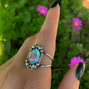 Angel Aura Quartz Ring - Size 8 3/4 - Sterling Silver - Angel Aura Quartz Moon Ring - Rose Cut Aura Quartz - Faceted Rainbow Crystal Ring