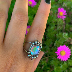 Angel Aura Quartz Ring - Size 8 3/4 - Sterling Silver - Angel Aura Quartz Moon Ring - Rose Cut Aura Quartz - Faceted Rainbow Crystal Ring