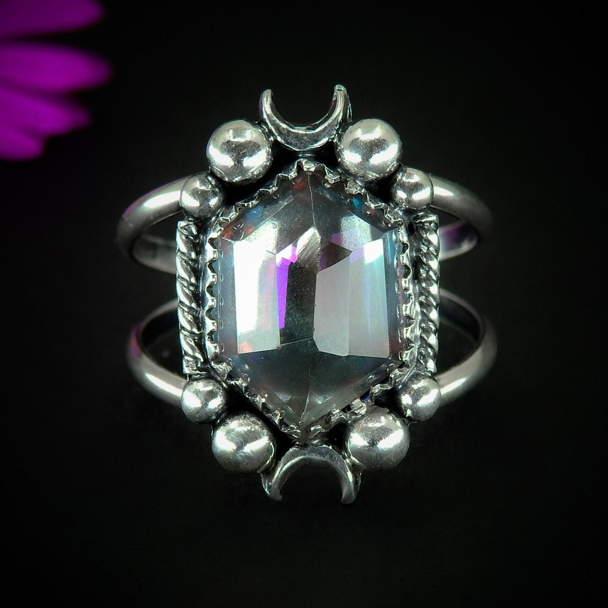 Angel Aura Quartz Ring - Size 8 3/4 - Sterling Silver - Angel Aura Quartz Moon Ring - Rose Cut Aura Quartz - Faceted Rainbow Crystal Ring