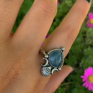 Rose Cut Aquamarine Ring - Size 12 - Sterling Silver - Aquamarine Jewelry - Faceted Blue Aquamarine Shell Ring, Crescent Moon Statement Ring