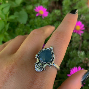 Rose Cut Aquamarine Ring - Size 12 - Sterling Silver - Aquamarine Jewelry - Faceted Blue Aquamarine Shell Ring, Crescent Moon Statement Ring
