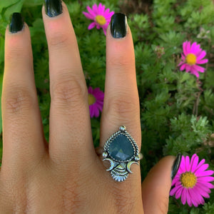 Rose Cut Aquamarine Ring - Size 12 - Sterling Silver - Aquamarine Jewelry - Faceted Blue Aquamarine Shell Ring, Crescent Moon Statement Ring