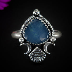 Rose Cut Aquamarine Ring - Size 12 - Sterling Silver - Aquamarine Jewelry - Faceted Blue Aquamarine Shell Ring, Crescent Moon Statement Ring