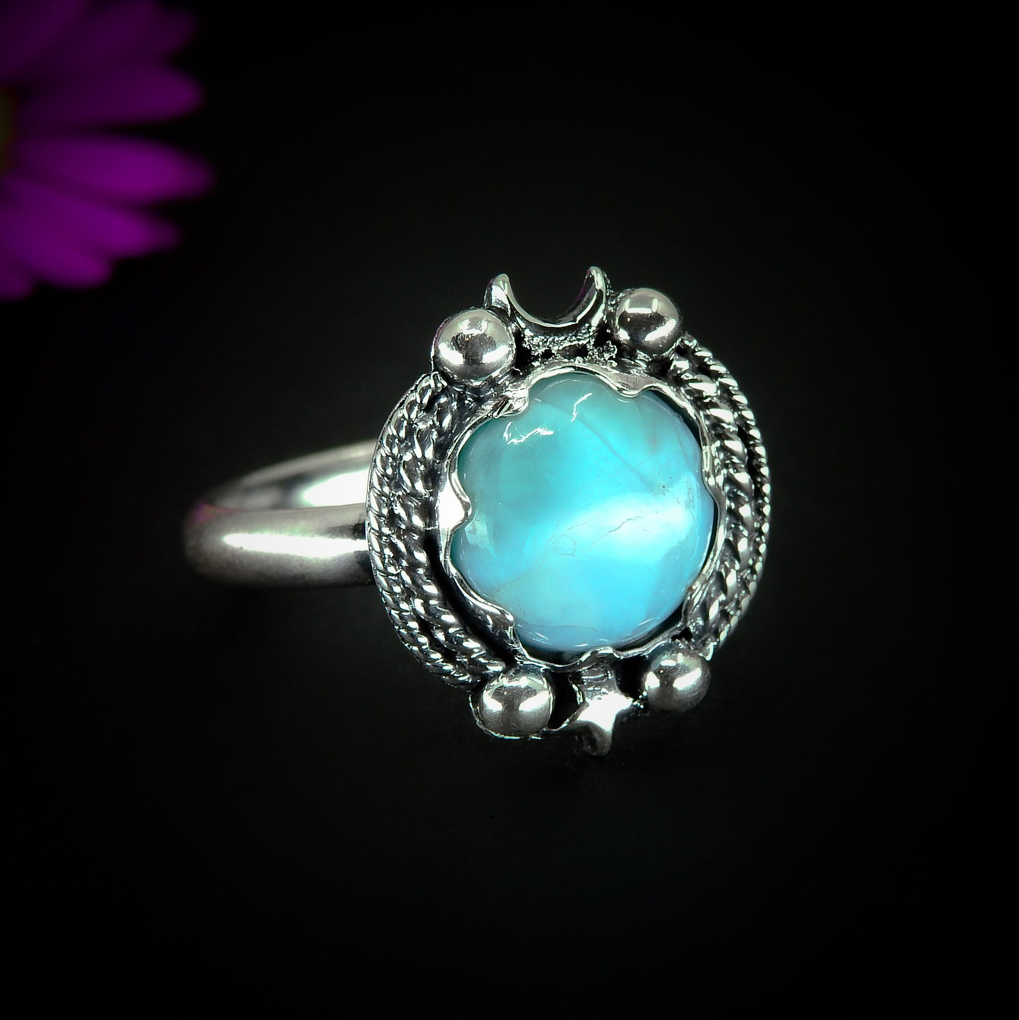 Larimar Ring - Size 11 - Sterling Silver - Blue Larimar Ring - Round Larimar Ring - Larimar Jewelry - Handcrafted Larimar Moon & Star Ring