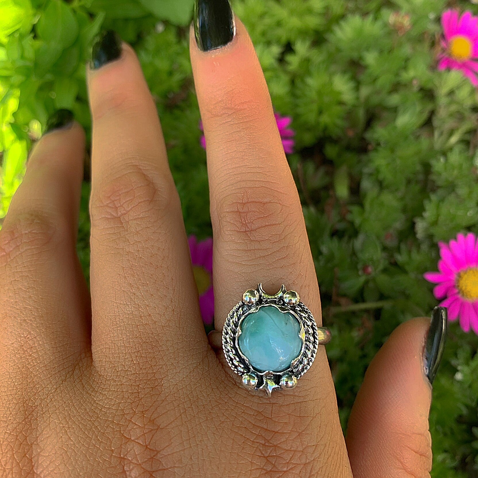 Larimar Ring - Size 11 - Sterling Silver - Blue Larimar Ring - Round Larimar Ring - Larimar Jewelry - Handcrafted Larimar Moon & Star Ring