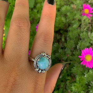 Larimar Ring - Size 11 - Sterling Silver - Blue Larimar Ring - Round Larimar Ring - Larimar Jewelry - Handcrafted Larimar Moon & Star Ring