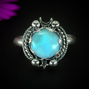 Larimar Ring - Size 11 - Sterling Silver - Blue Larimar Ring - Round Larimar Ring - Larimar Jewelry - Handcrafted Larimar Moon & Star Ring