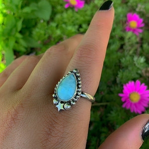 Rose Cut Larimar Ring - Size 8 1/4 - Sterling Silver - Blue Larimar Ring - Teardrop Larimar Jewelry - Handcrafted Faceted Larimar Star Ring