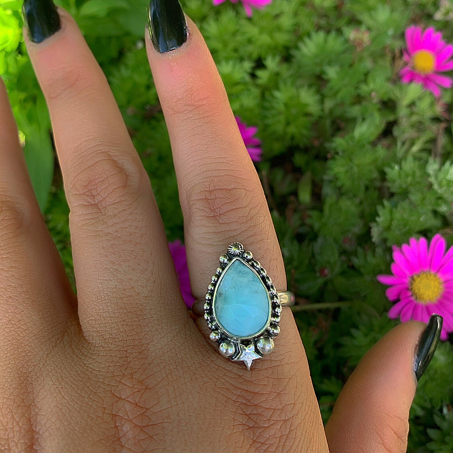 Rose Cut Larimar Ring - Size 8 1/4 - Sterling Silver - Blue Larimar Ring - Teardrop Larimar Jewelry - Handcrafted Faceted Larimar Star Ring