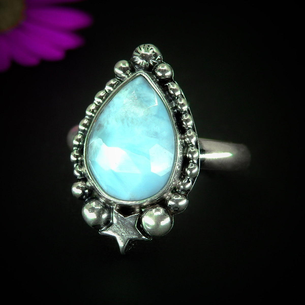 Rose Cut Larimar Ring - Size 8 1/4 - Sterling Silver - Blue Larimar Ring - Teardrop Larimar Jewelry - Handcrafted Faceted Larimar Star Ring