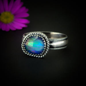 Rose Cut Clear Quartz & Aurora Opal Ring - Size 11 3/4 - Sterling Silver - Rainbow Opal Jewelry -Thick Ring Band - Faceted Rainbow Crystal