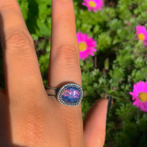 Rose Cut Clear Quartz & Aurora Opal Ring - Size 11 3/4 - Sterling Silver - Rainbow Opal Jewelry -Thick Ring Band - Faceted Rainbow Crystal