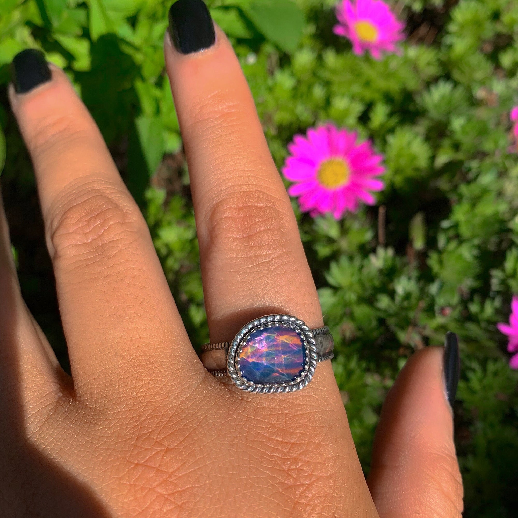 Rose Cut Clear Quartz & Aurora Opal Ring - Size 11 3/4 - Sterling Silver - Rainbow Opal Jewelry -Thick Ring Band - Faceted Rainbow Crystal