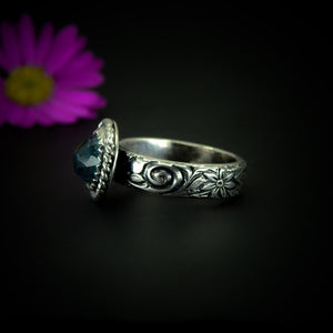 Rose Cut Aquamarine Ring - Size 6 - Sterling Silver - Aquamarine Jewelry, Blue Aquamarine Thick Band Ring, Faceted Aquamarine Statement Ring