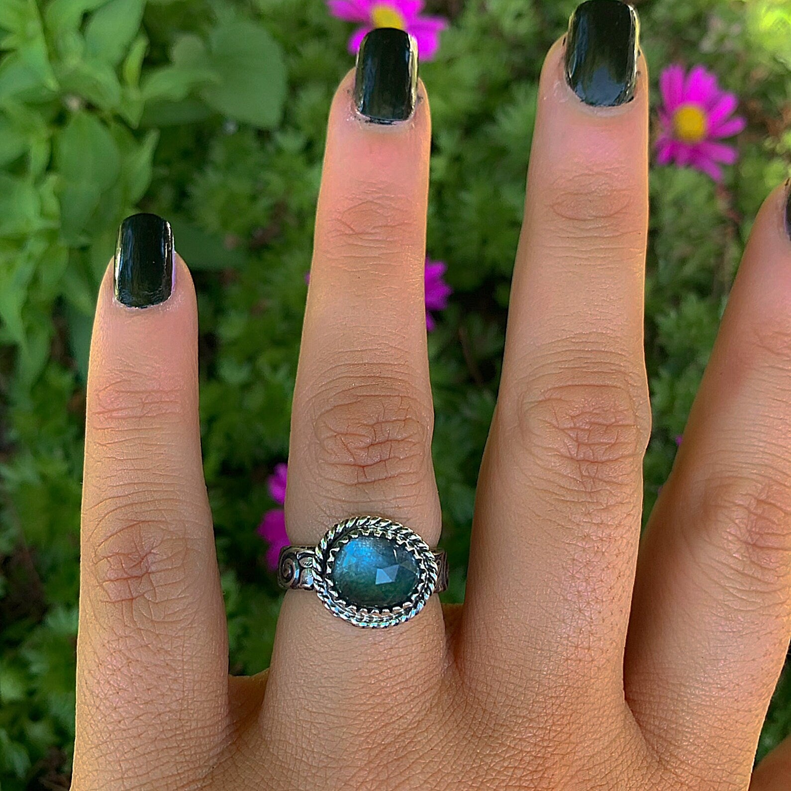 Rose Cut Aquamarine Ring - Size 6 - Sterling Silver - Aquamarine Jewelry, Blue Aquamarine Thick Band Ring, Faceted Aquamarine Statement Ring