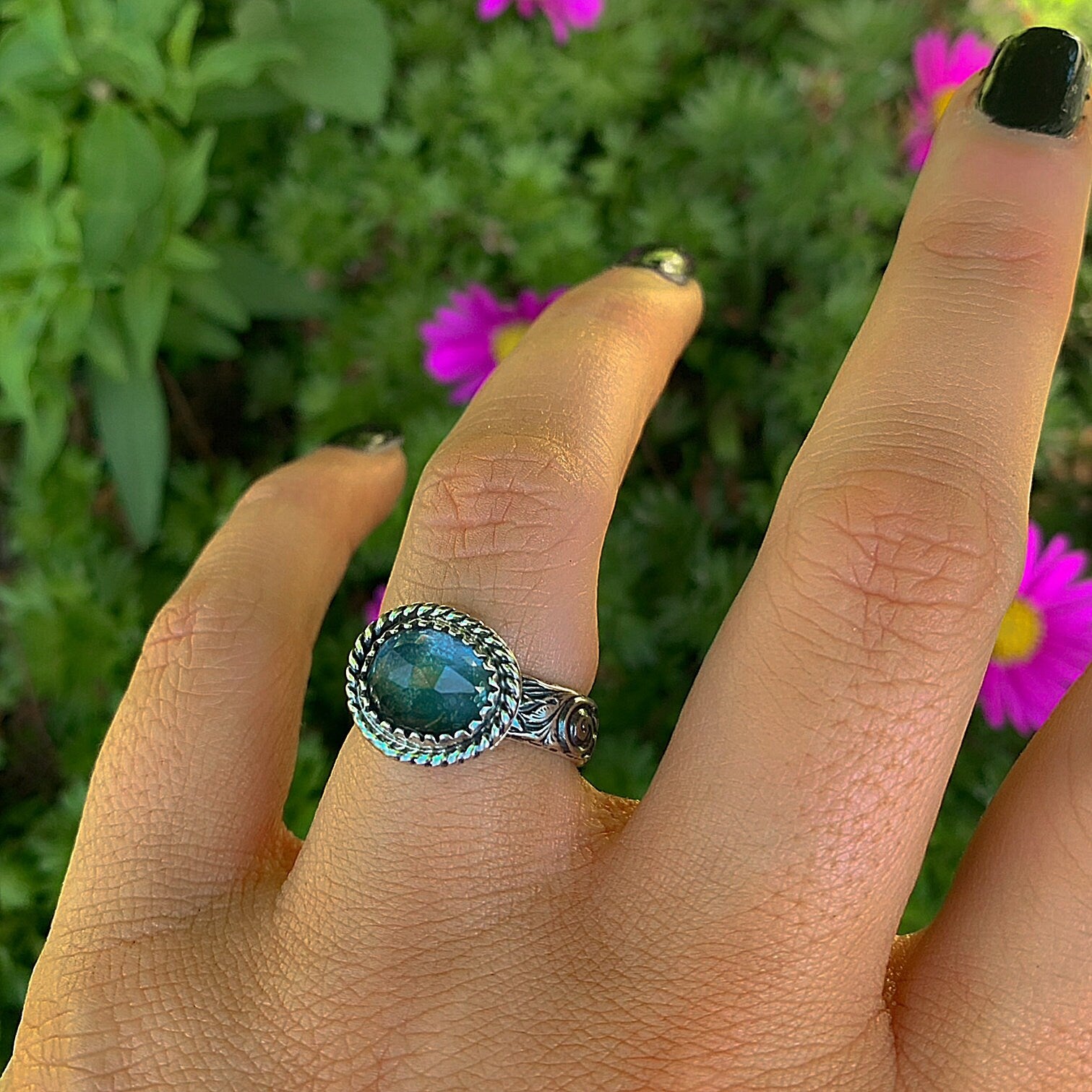 Rose Cut Aquamarine Ring - Size 6 - Sterling Silver - Aquamarine Jewelry, Blue Aquamarine Thick Band Ring, Faceted Aquamarine Statement Ring