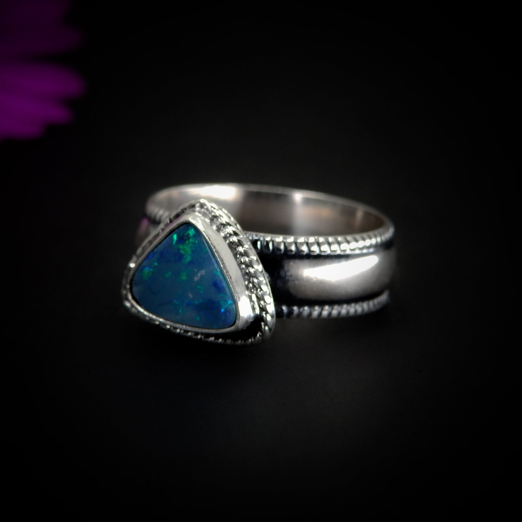 Australian Opal Ring - Size 4 1/2 - Sterling Silver - Lightning Ridge Opal Ring - Rainbow Opal Jewelry - Triangle Blue Opal OOAK, Thick Band