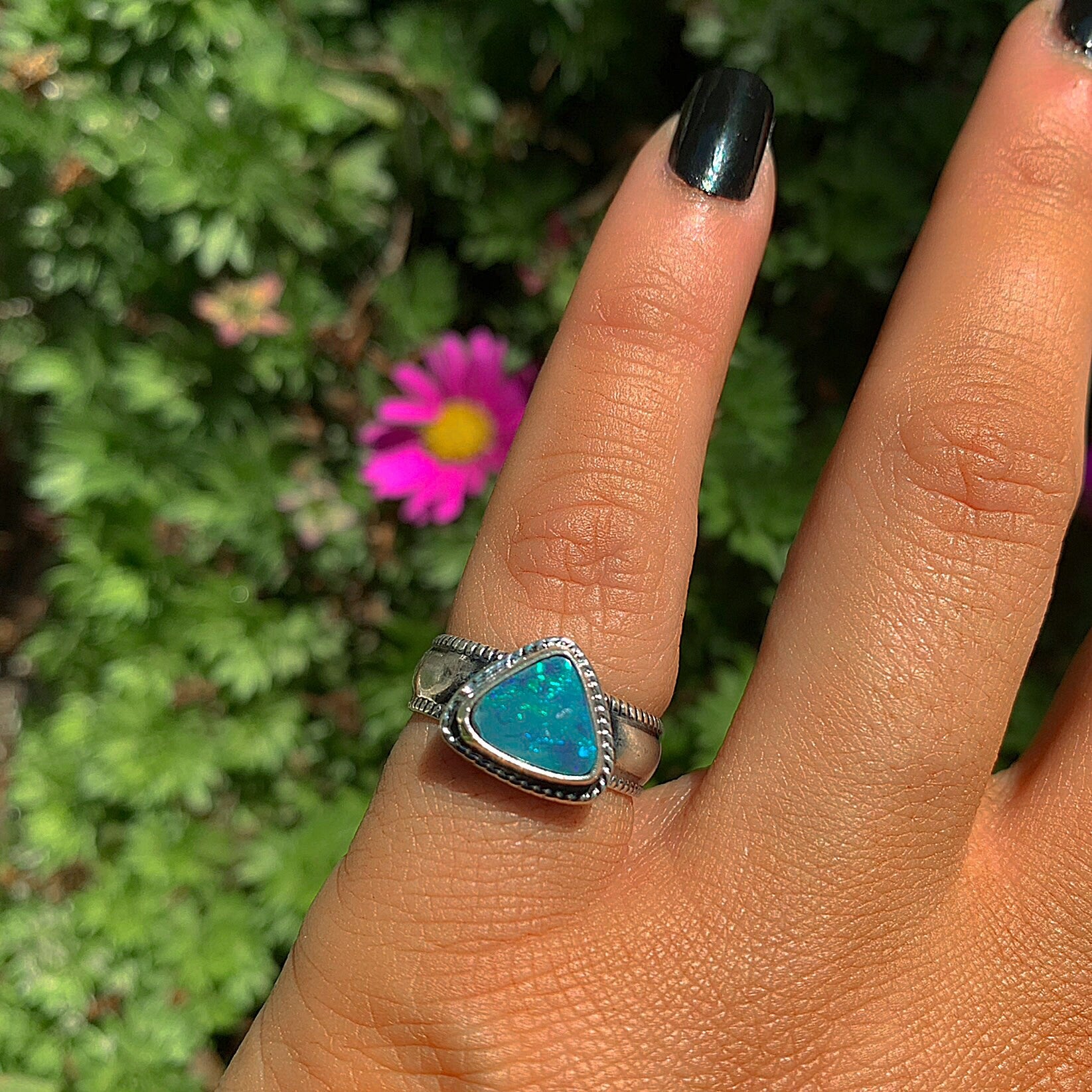 Australian Opal Ring - Size 4 1/2 - Sterling Silver - Lightning Ridge Opal Ring - Rainbow Opal Jewelry - Triangle Blue Opal OOAK, Thick Band