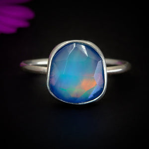 Rose Cut Clear Quartz & Aurora Opal Ring - Size 8 1/4 - Sterling Silver - Rainbow Opal Jewelry, Dainty Aurora Opal - Faceted Rainbow Crystal