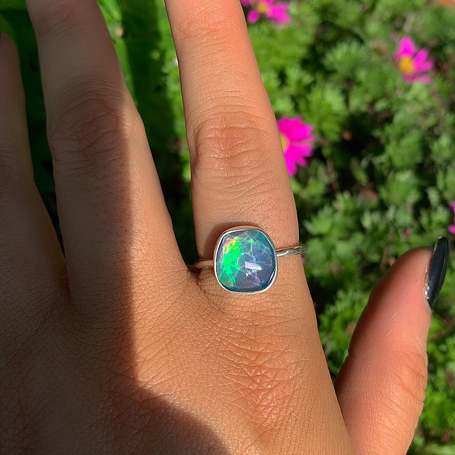Rose Cut Clear Quartz & Aurora Opal Ring - Size 9 - Sterling Silver - Rainbow Opal Jewelry, Dainty Aurora Opal - Faceted Rainbow Crystal