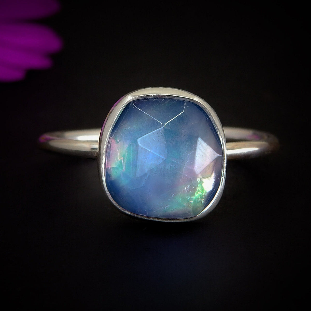 Rose Cut Clear Quartz & Aurora Opal Ring - Size 9 - Sterling Silver - Rainbow Opal Jewelry, Dainty Aurora Opal - Faceted Rainbow Crystal