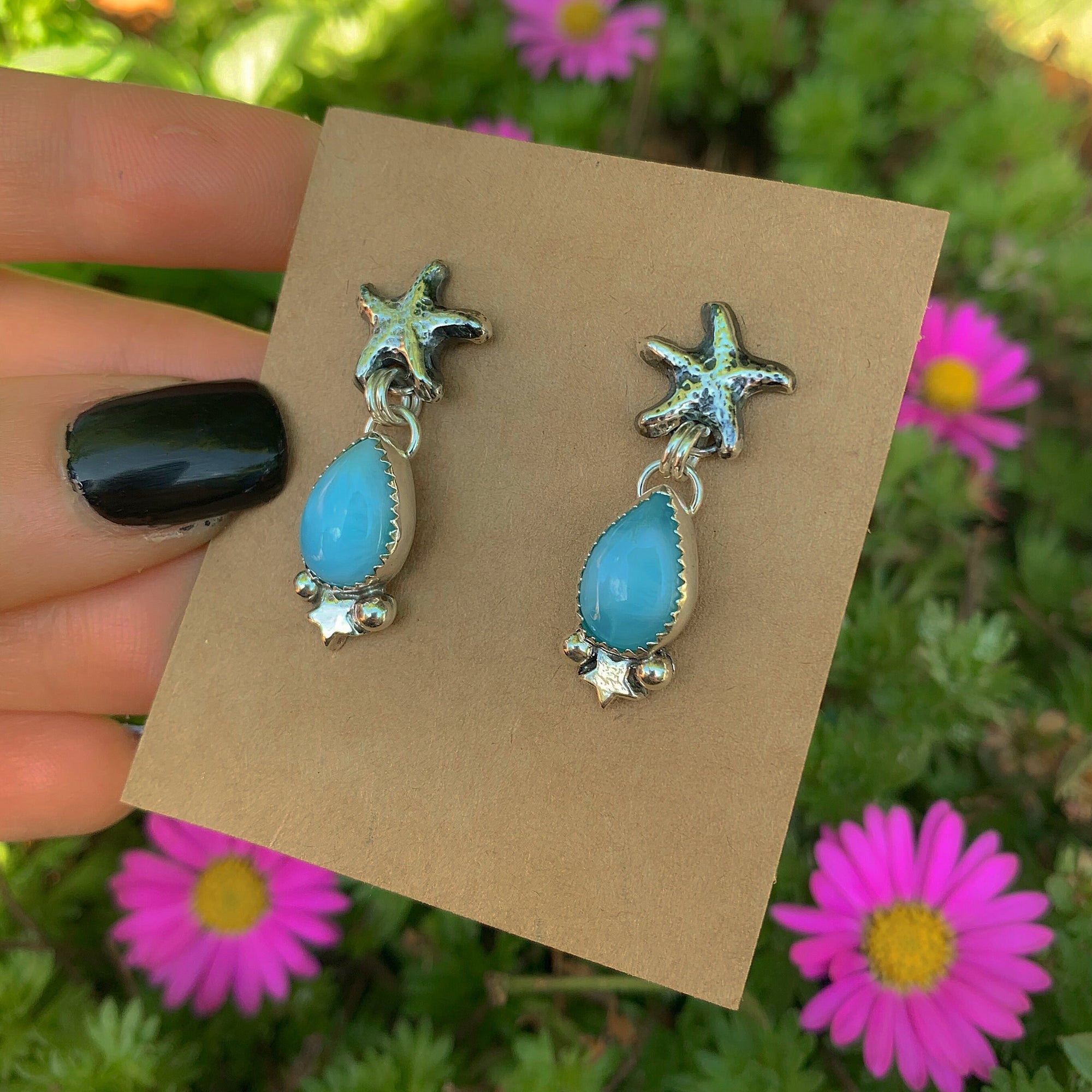 Larimar Starfish Earrings - Sterling Silver - Blue Larimar Earrings - Ocean Earrings - Star Fish Earrings - Larimar Dangles - Post Earrings