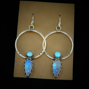 Larimar & Moonstone Earrings - Sterling Silver - Blue Larimar Earrings - Hoop Earrings - Rainbow Moonstone Hoops - Larimar Dangles OOAK