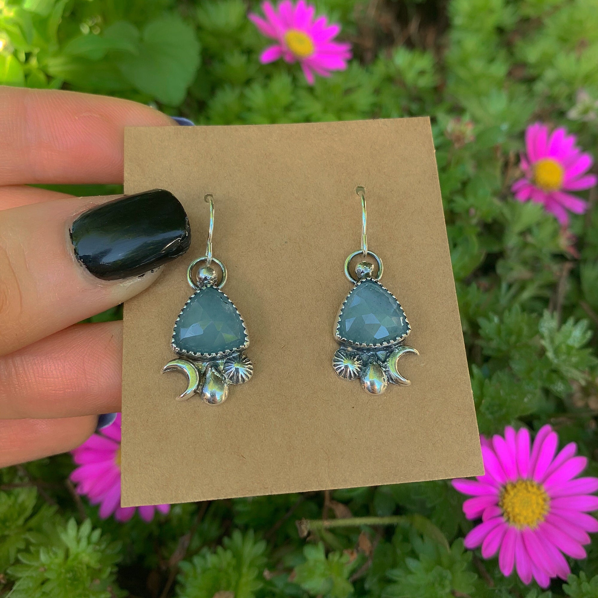 Rose Cut Aquamarine Earrings - Sterling Silver - Blue Aquamarine Moon Earrings - Ocean Earrings - Water Earrings, Faceted Aquamarine Dangles