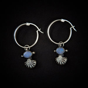 Australian Opal Shell Earrings - Sterling Silver - Rainbow Opal Hoop Earrings - Blue Opal Sleeper Earrings - Coober Pedy Opal Hoops Sleepers