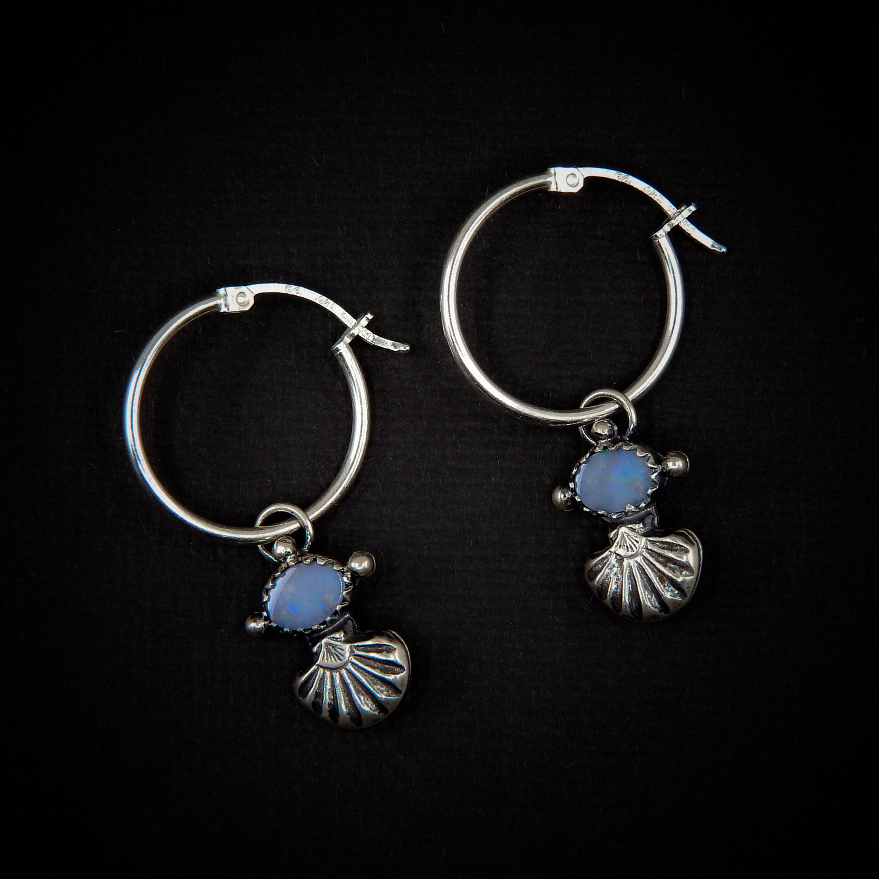 Australian Opal Shell Earrings - Sterling Silver - Rainbow Opal Hoop Earrings - Blue Opal Sleeper Earrings - Coober Pedy Opal Hoops Sleepers