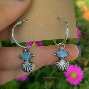 Australian Opal Shell Earrings - Sterling Silver - Rainbow Opal Hoop Earrings - Blue Opal Sleeper Earrings - Coober Pedy Opal Hoops Sleepers