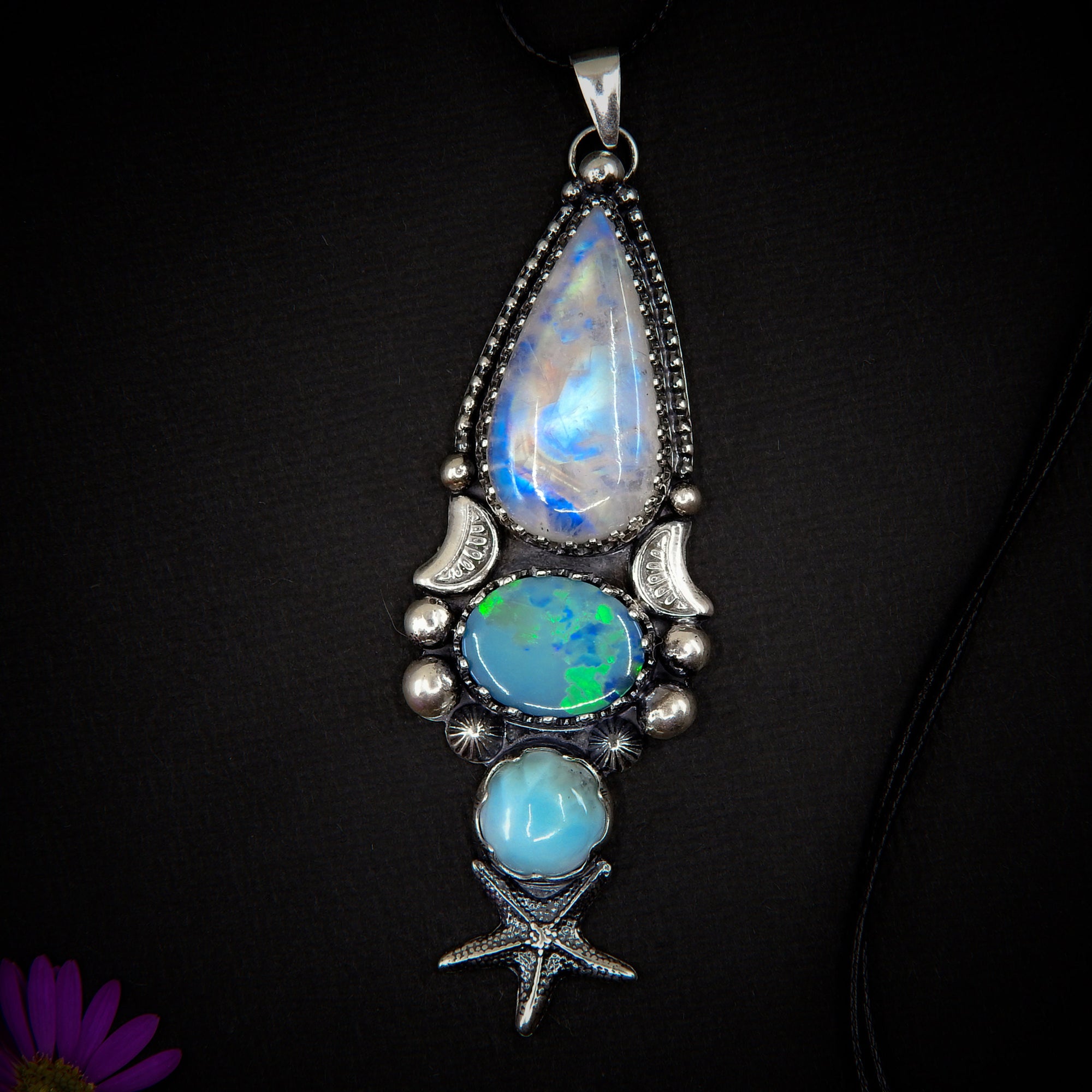 Moonstone, Australian Opal & Larimar Pendant - Sterling Silver - Triple Stone Moon Pendant - Moonstone Pendant - Starfish Opal Necklace