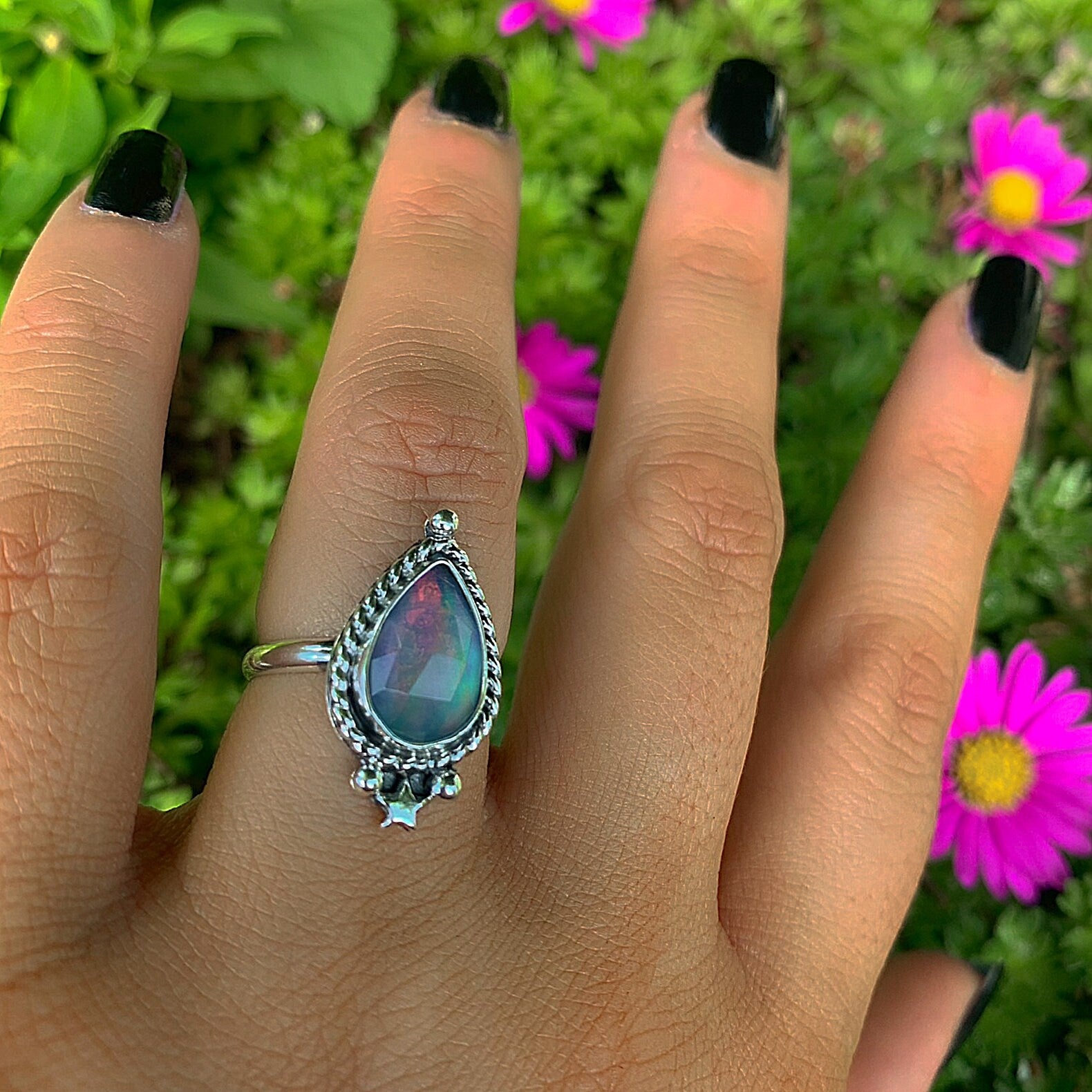 Rose Cut Clear Quartz & Aurora Opal Ring - Size 6 - Sterling Silver - Pastel Rainbow Opal Ring - Pink Purple Jewellery - Faceted Star Ring