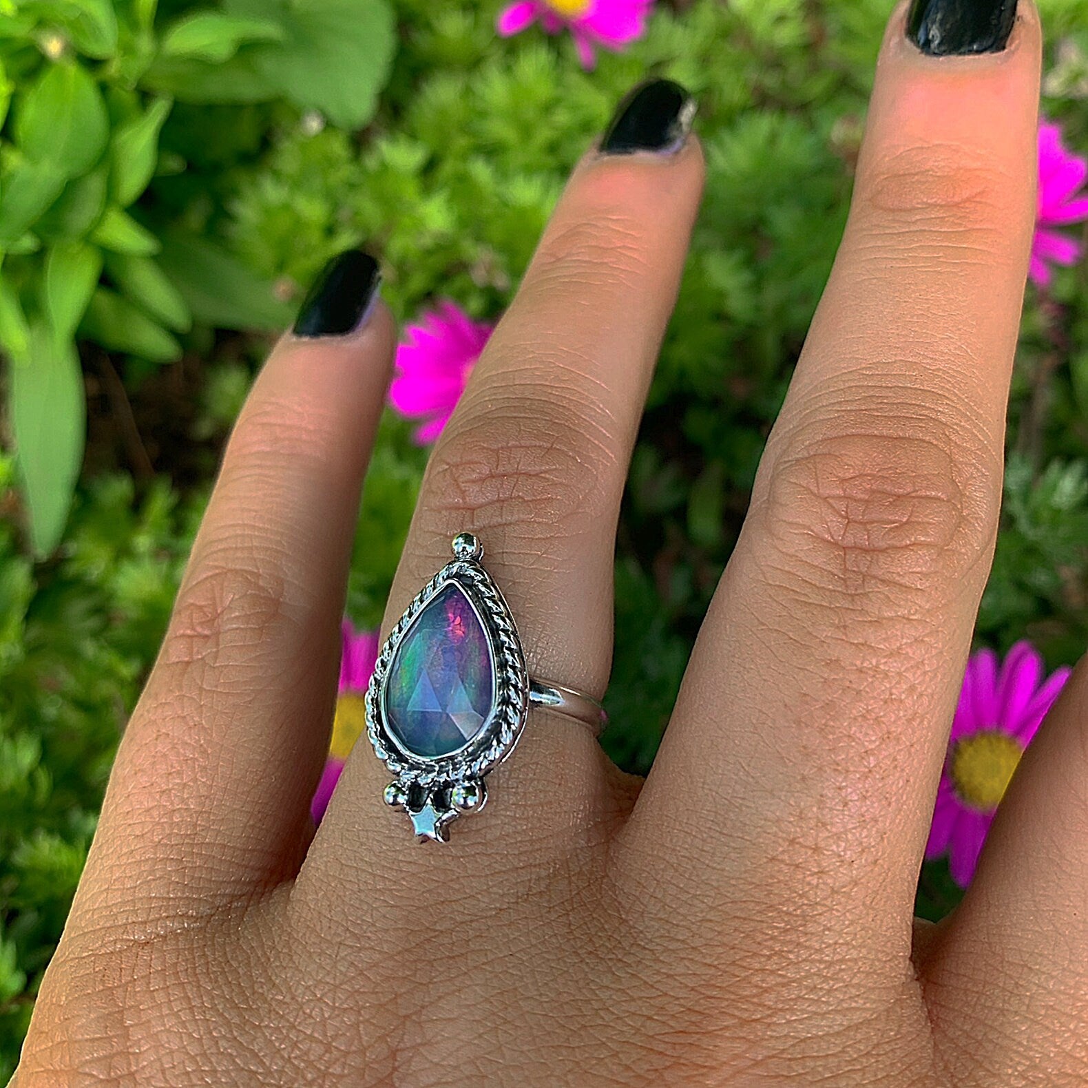 Rose Cut Clear Quartz & Aurora Opal Ring - Size 6 - Sterling Silver - Pastel Rainbow Opal Ring - Pink Purple Jewellery - Faceted Star Ring