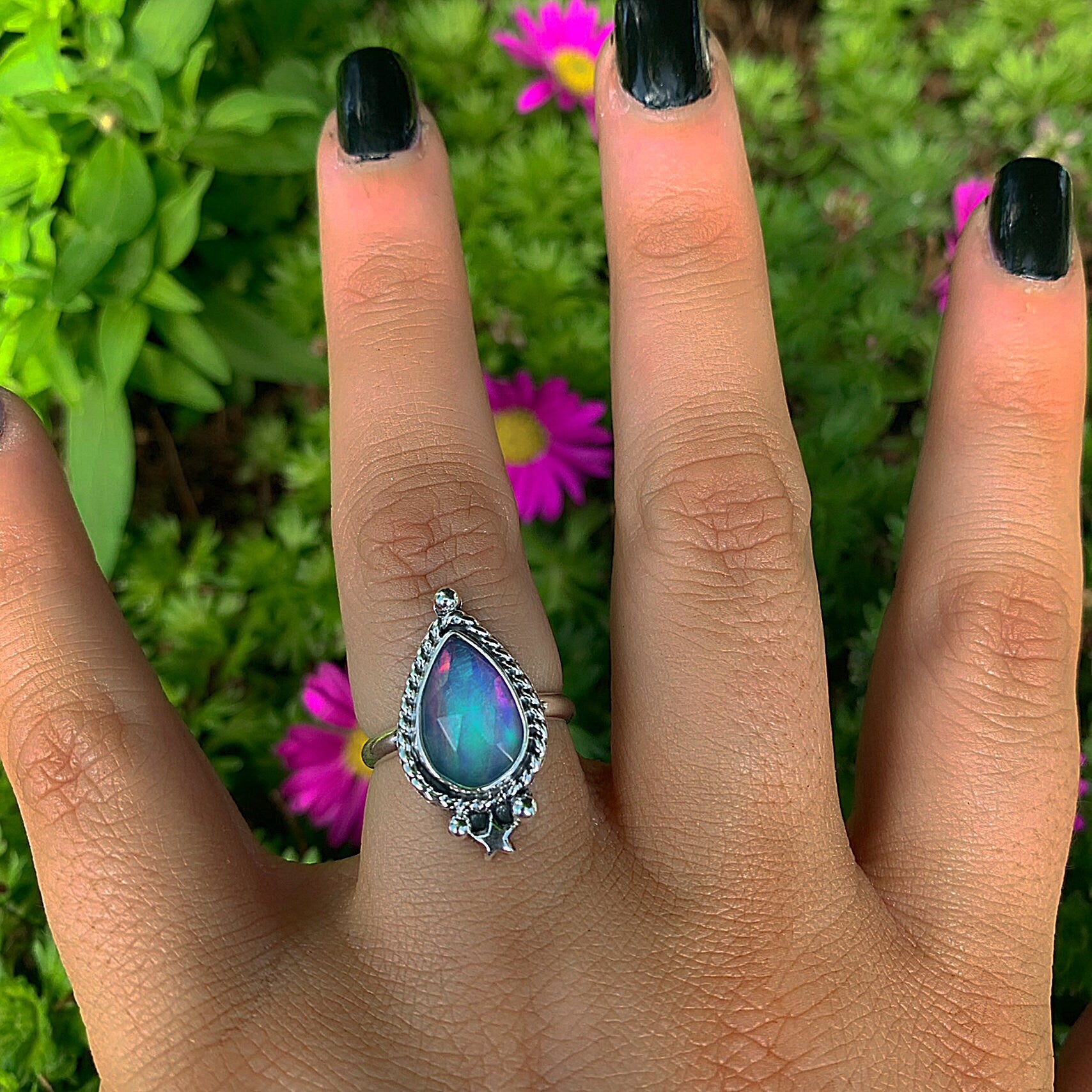 Rose Cut Clear Quartz & Aurora Opal Ring - Size 6 - Sterling Silver - Pastel Rainbow Opal Ring - Pink Purple Jewellery - Faceted Star Ring
